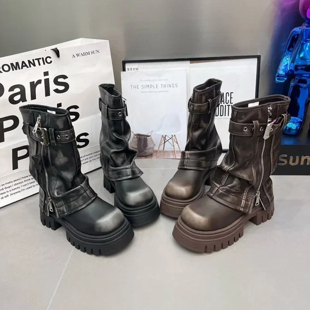Bottines motardes à zip en cuir pour femme