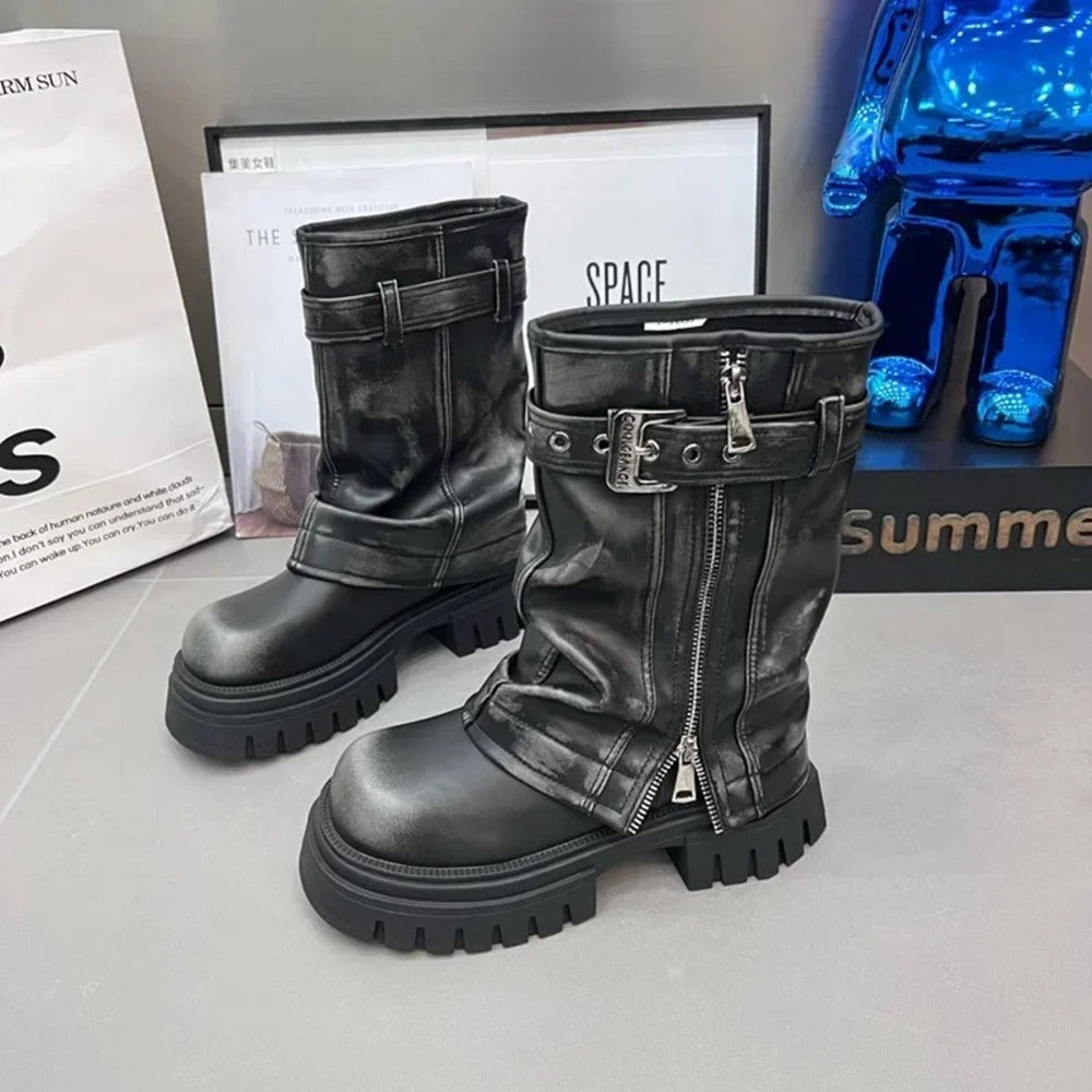 Bottines motardes à zip en cuir pour femme