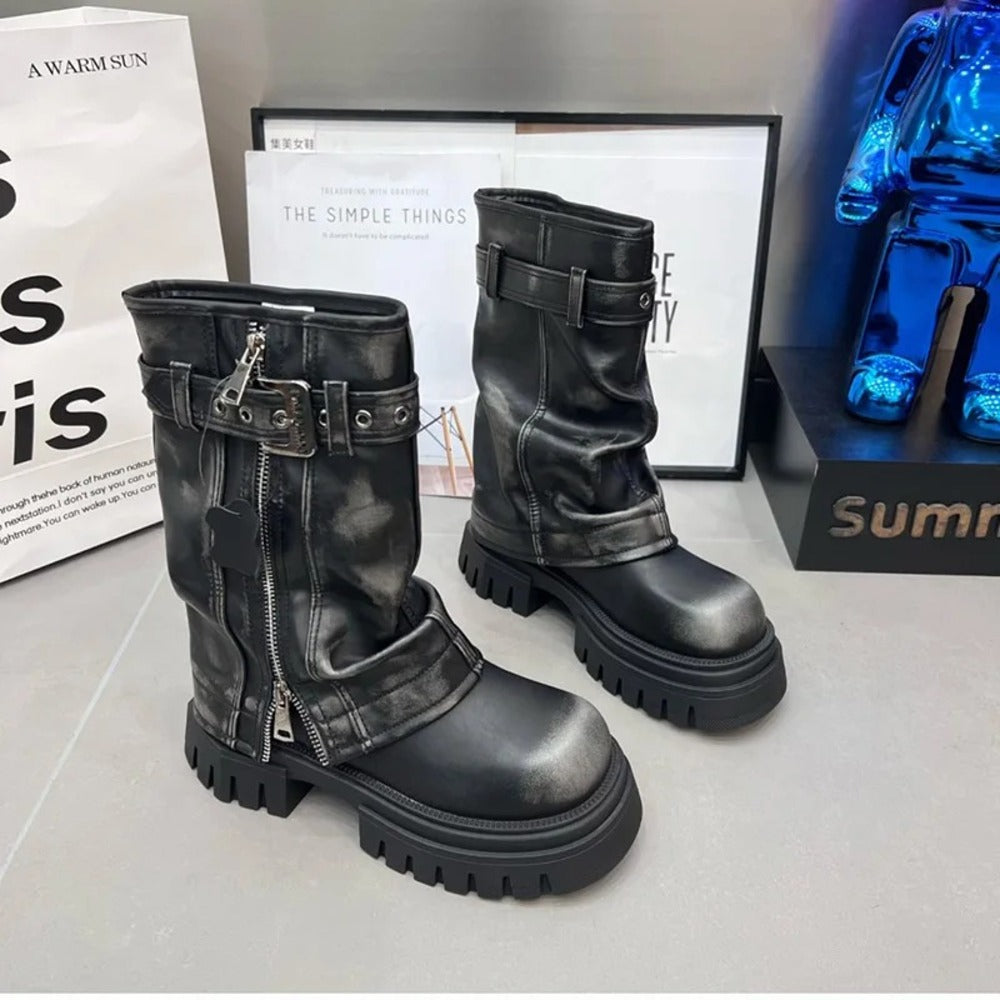 Bottines motardes à zip en cuir pour femme