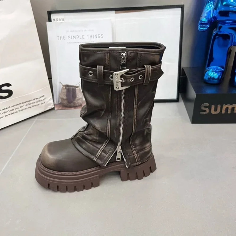 Bottines motardes à zip en cuir pour femme