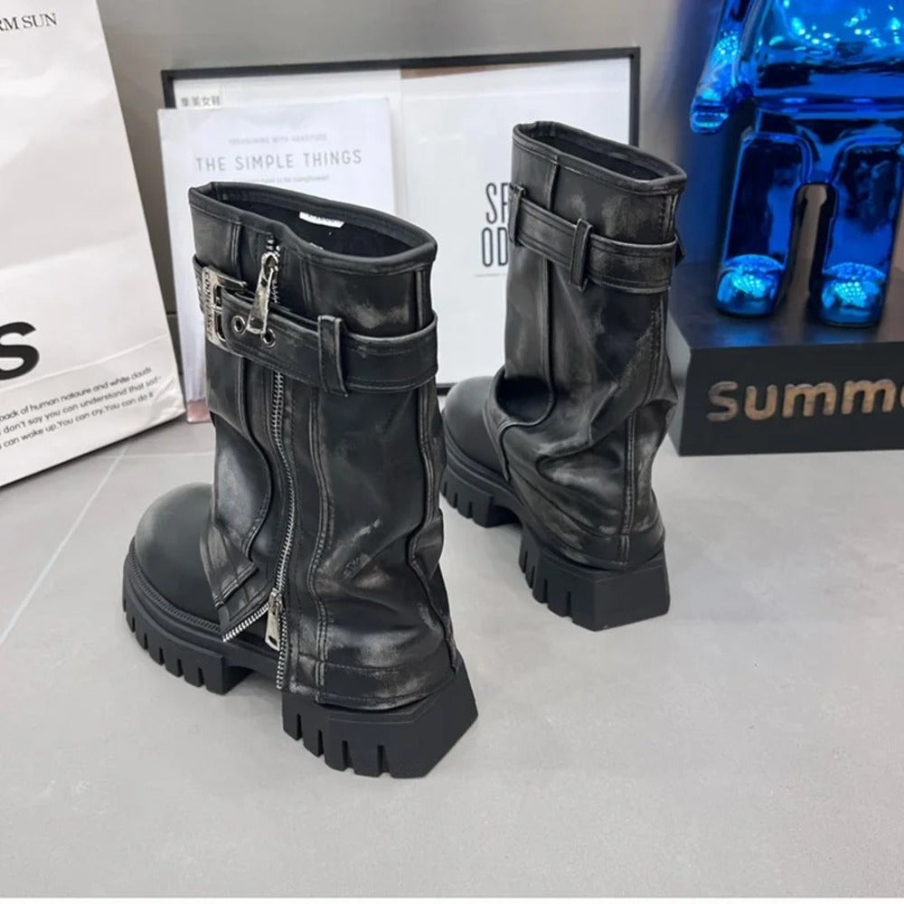 Bottines motardes à zip en cuir pour femme
