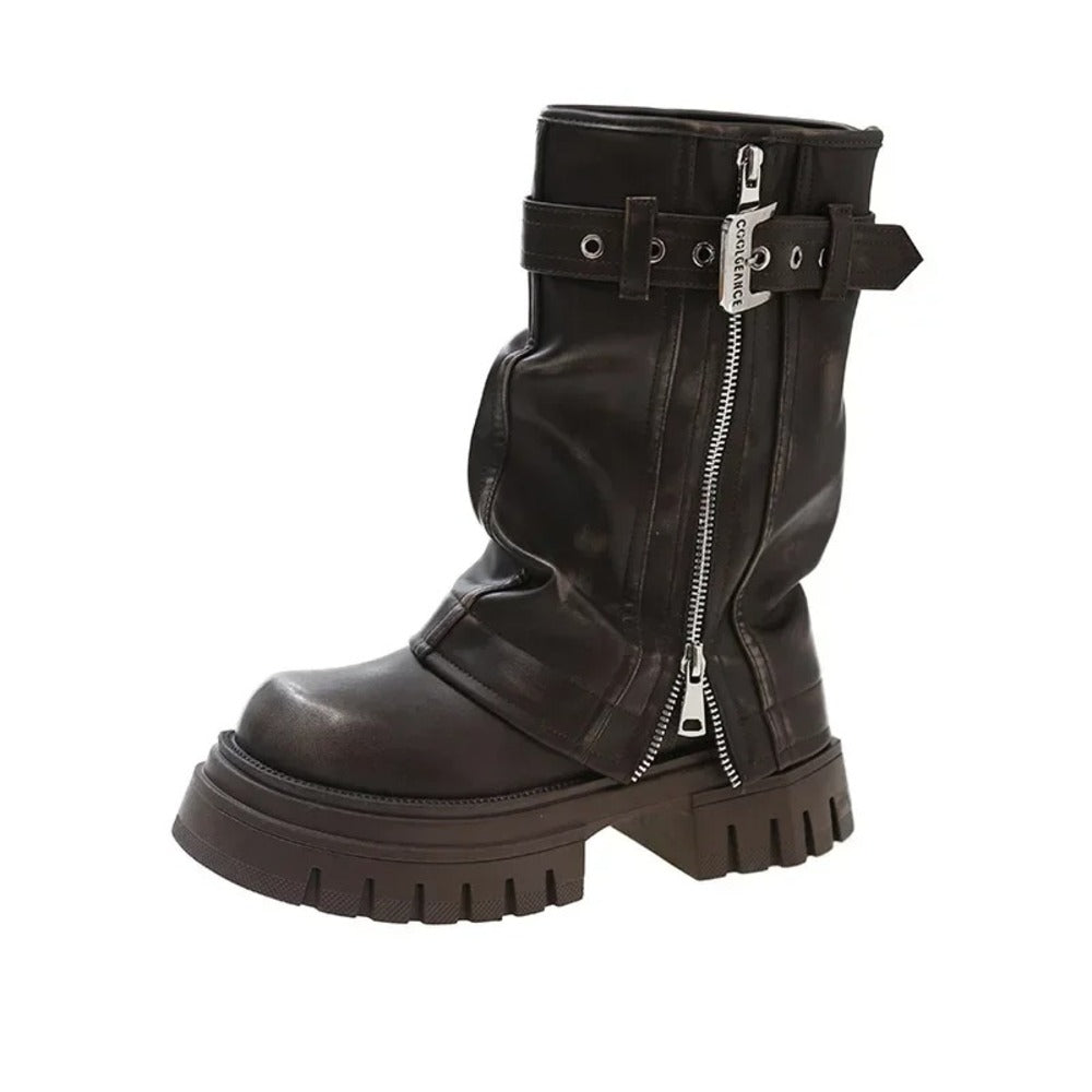 Bottines motardes à zip en cuir pour femme